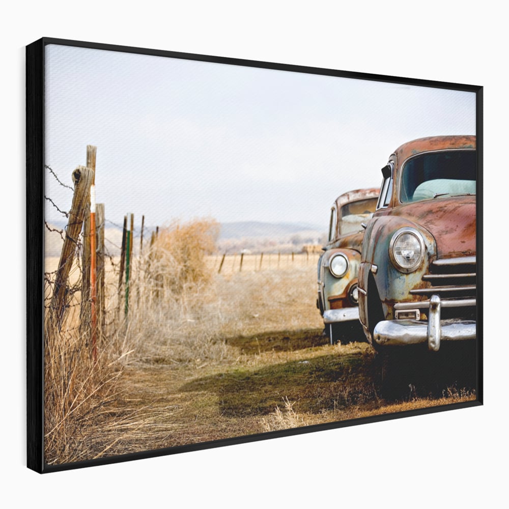 Tablou canvas cu doua masini ruginite pe un camp uscat, in rama de aluminiu negru